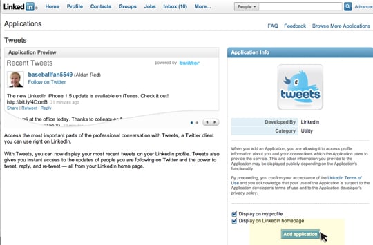 Add Application Twitter to LinkedIn
