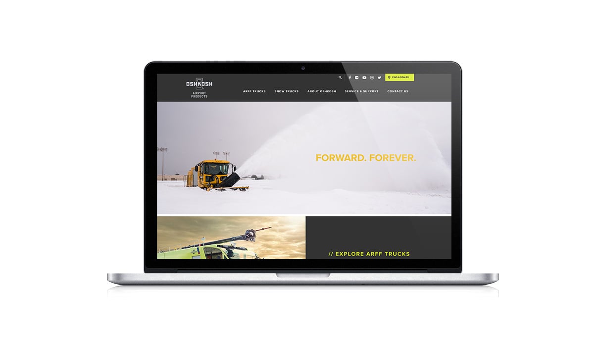 HubSpot user, Oshkosh Airport's homepage after Stream Creative redesigned it using HubSpot's CMS Hub