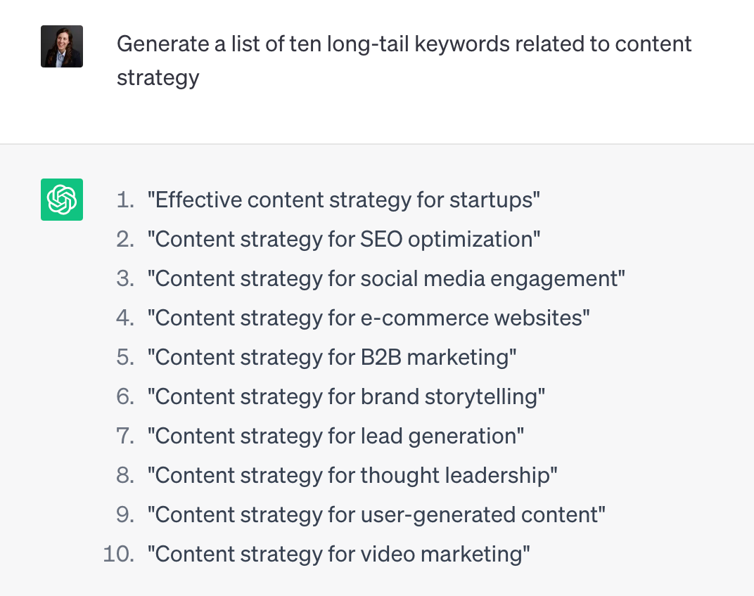 A ChatGPT generated list of long tailed keywords