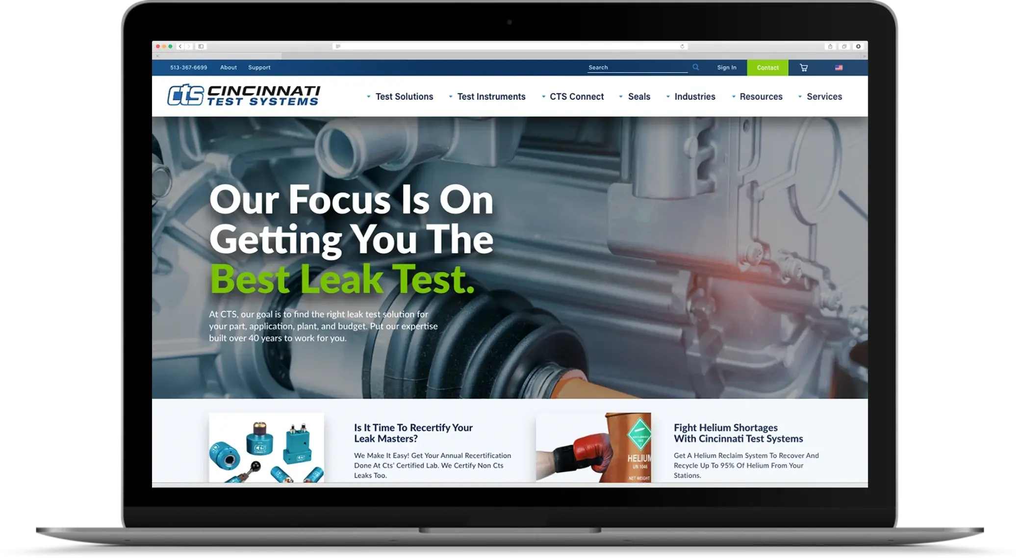 Laptop displaying the Cincinnati Test Systems homepage highlighting leak test solutions.